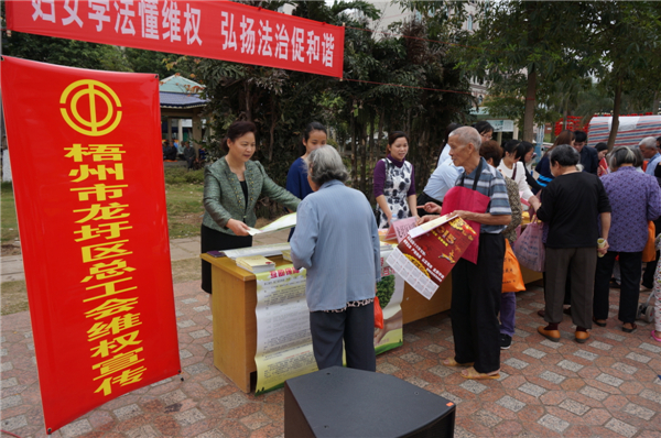 龍圩區(qū)總工會(huì)在2015年3月開(kāi)展迎“三八”婦女維權(quán)月普法活動(dòng)，以“婦女法治懂維權(quán)，頌揚(yáng)法治促和諧”為指導(dǎo)思想，開(kāi)展了以“